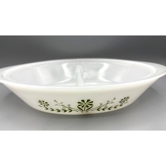 Vintage Glasbake Green Floral Daisy Divided Casserole Milk Glass‎ - Picture 1 of 5